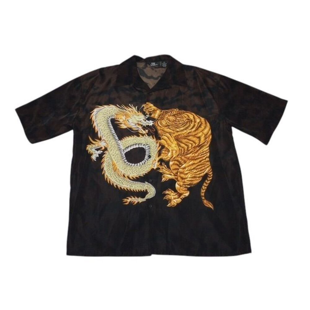 City Impact Men's Large Shirt Tiger Dragon Button Up Short Sleeve 100% Polyester